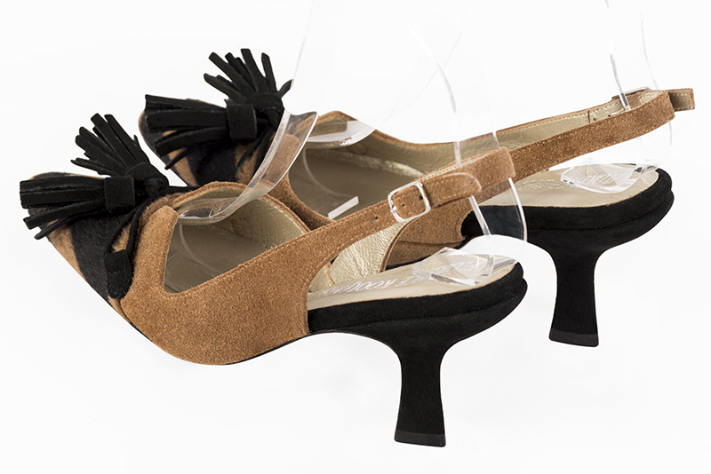 Safari black and caramel brown women's open back shoes, with a knot. Tapered toe. Medium spool heels. Rear view - Florence KOOIJMAN